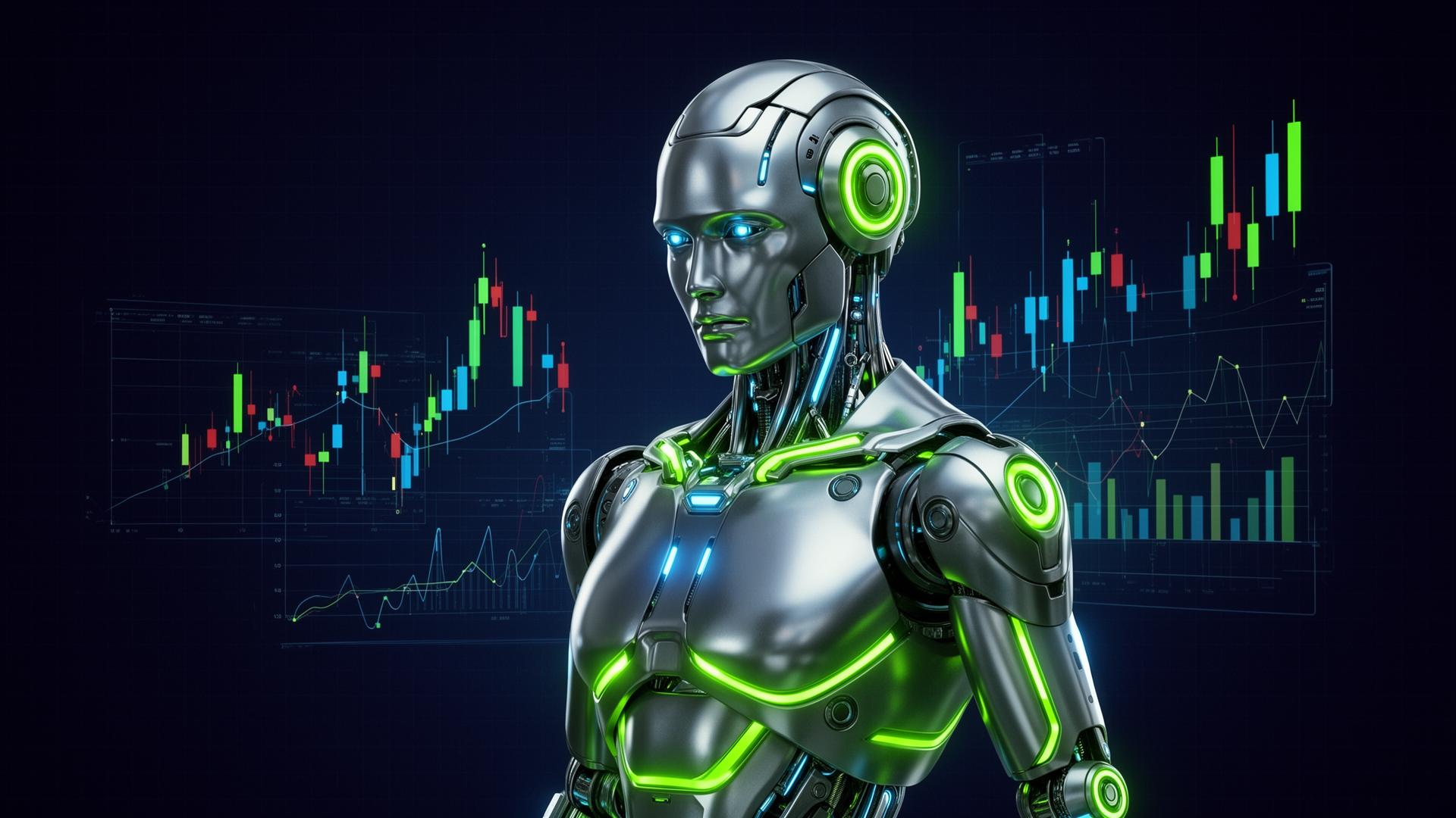Robô de automação inteligente RoboVelox com gráficos financeiros